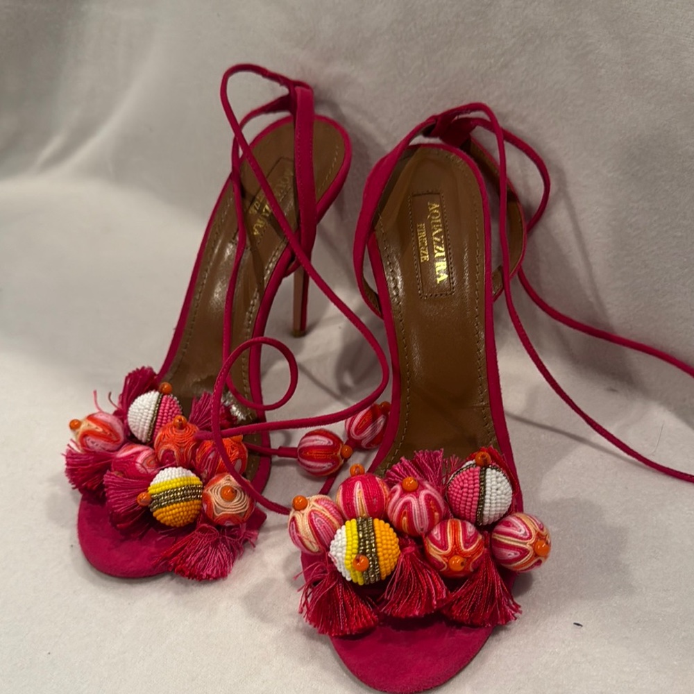 Aquazzura Pink and Orange Strappy Heels with Floral Embellishments